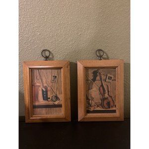 MCM 60’s Vtg Wood Framed Set of Pictures, Fly Fishing, Violin